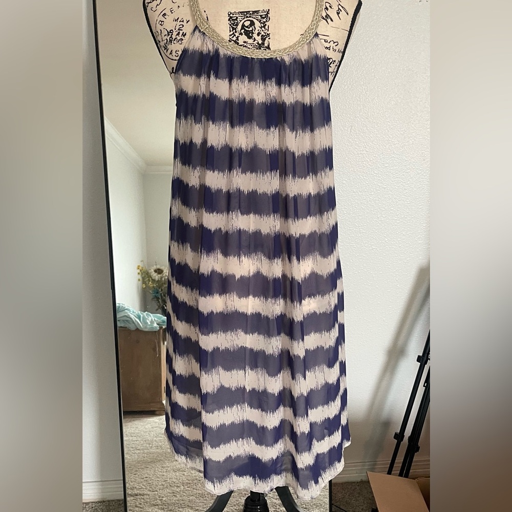 Charming Charlie - Blue and Cream loose Summer  Dress with gold braided straps!